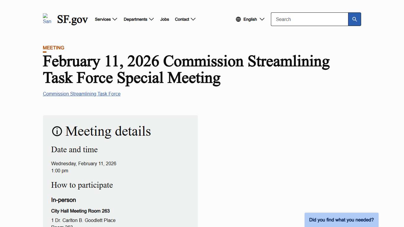 February 11, 2026 Commission Streamlining Task Force Special Meeting | SF.gov